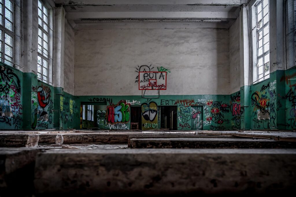 abandoned school, abandoned school gym, abandoned building